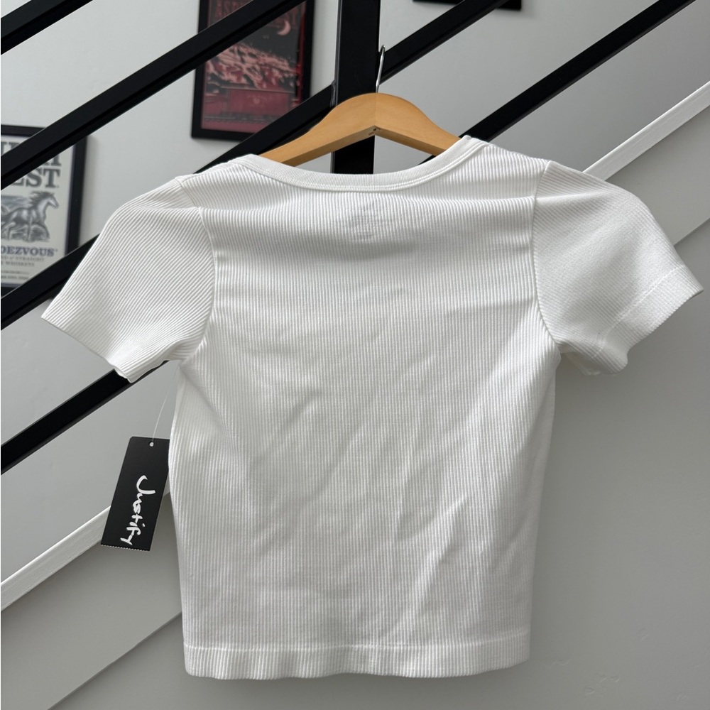 Justify White Ribbed Crop Top Small | Fitted Short Sleeve Scoop Neck - Picture 3 of 4